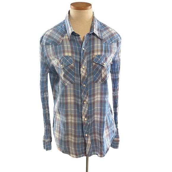 Salt Valley Western Plaid Snap Button Shirt Blue/Cream Long Sleeve Cotton Large - Picture 3 of 9